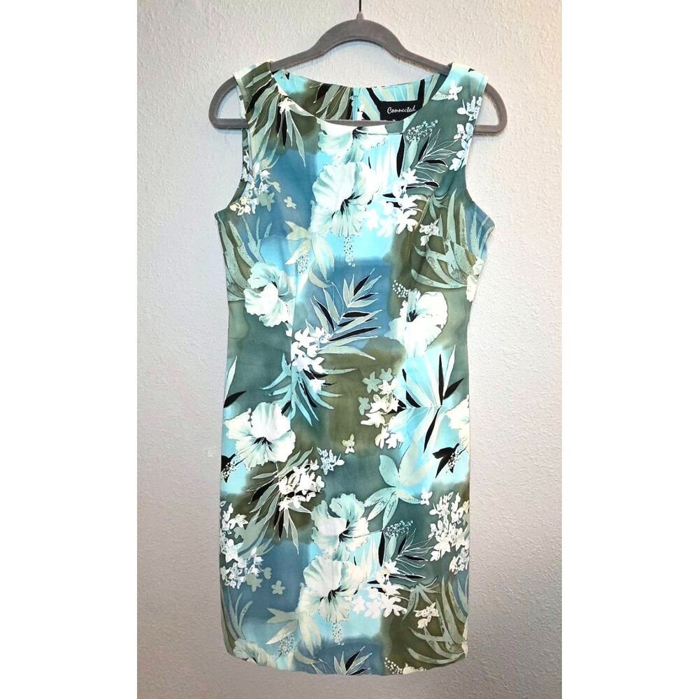 Connected Apparel Women's Tropical Floral Sheath Dress Teal Green Size 8